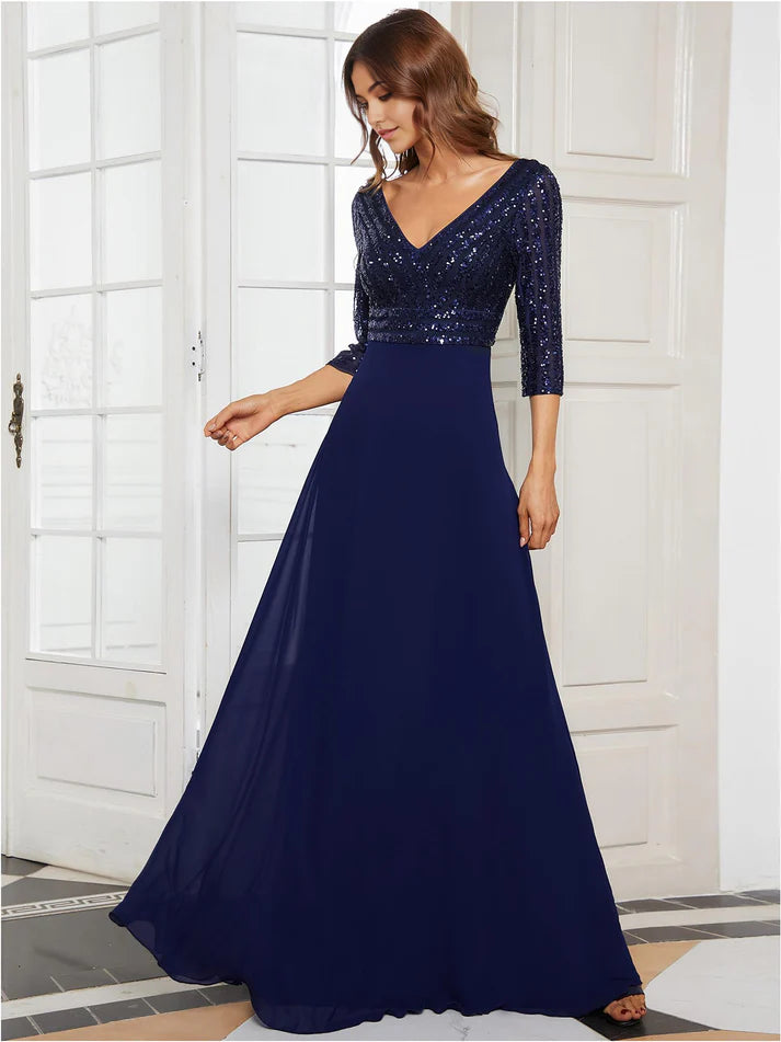 Elegant A-line V-Neck Long Sleeve Sequin Maxi Chiffon formal dresses evening gown Prom Dress