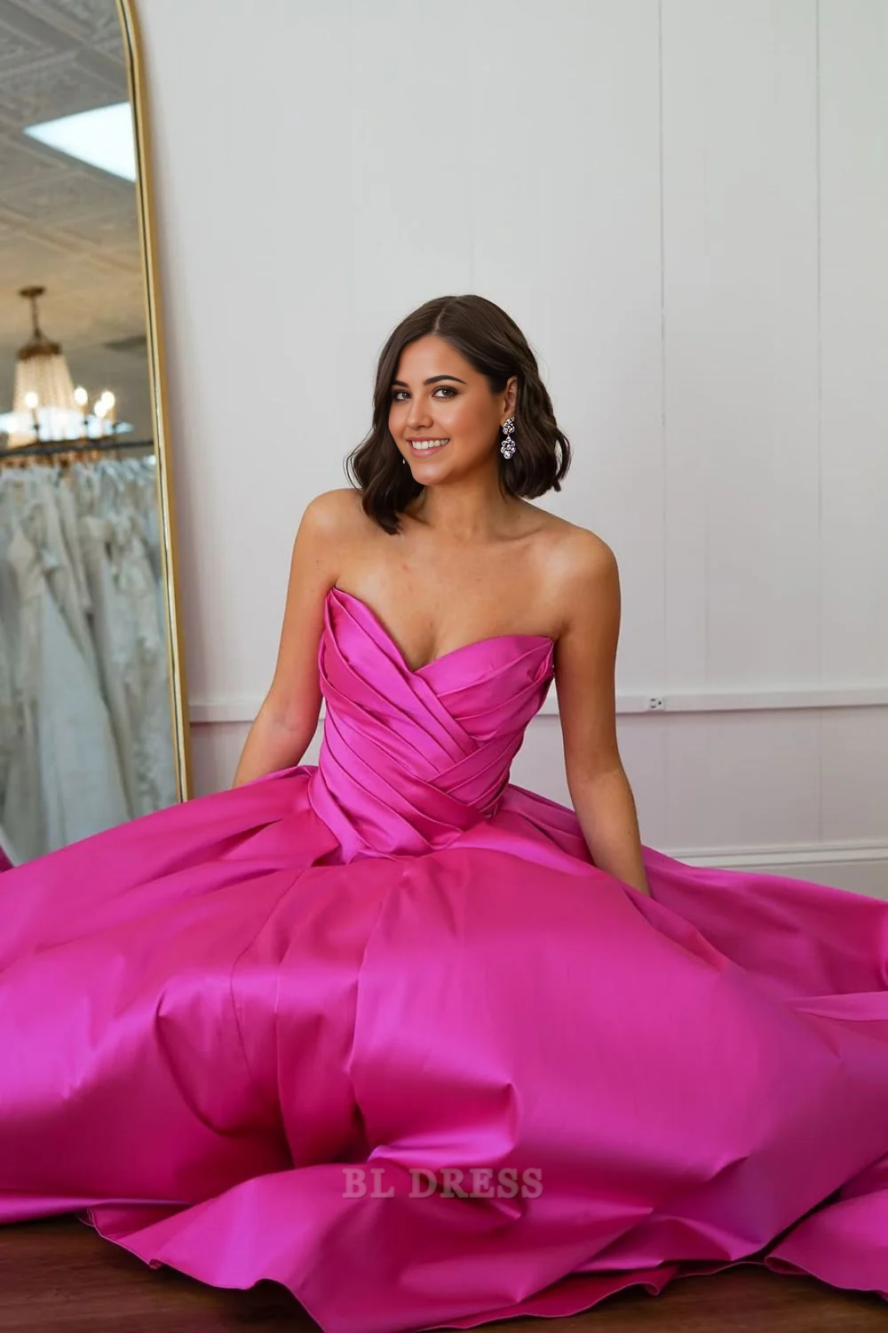 A-Line Strapless Elegant Pink Long Court Train Satin formal dresses Bridesmaid Dresses evening gown Prom Dress