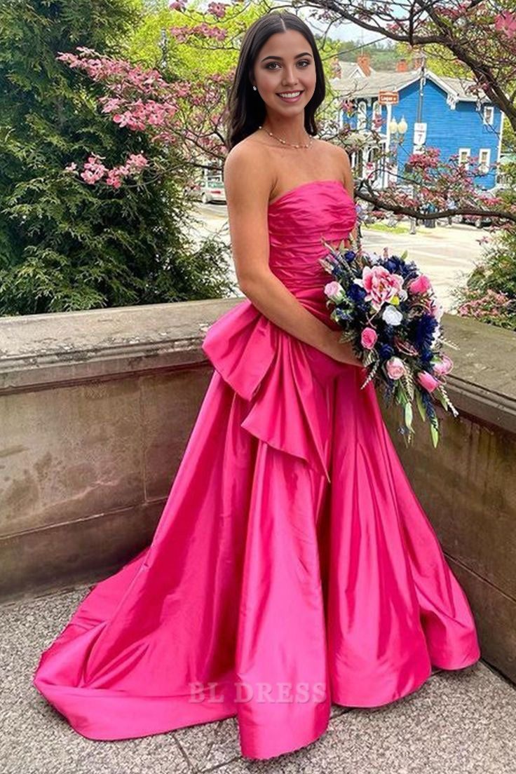 A-line Strapless Satin Tiered Hot Pink Long formal dresses Bridesmaid Dresses evening gown Prom Dress
