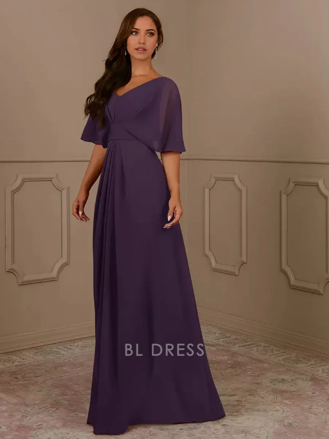 A-Line V-Neck Short Sleeves Chiffon Pleated Wedding Guest Dresses Mother of the Bride Dresse