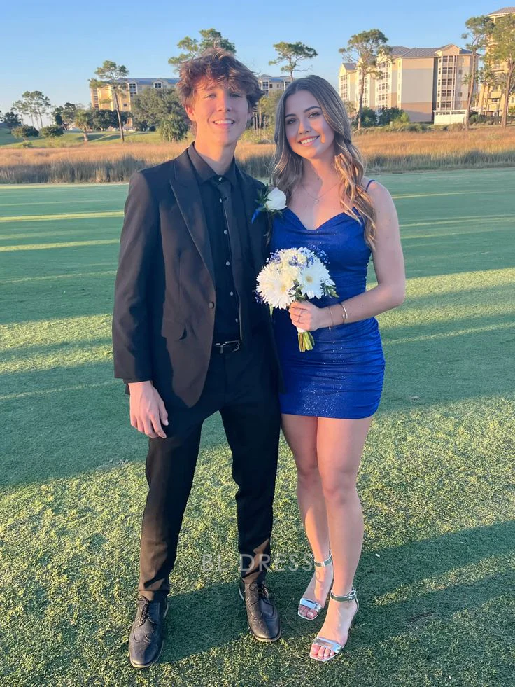 Etuikleid mit funkelnden Spaghettiträgern, blau, kurz, formelle Kleider, Brautjungfernkleider, Abendkleid, Ballkleid, Heimkehrkleid