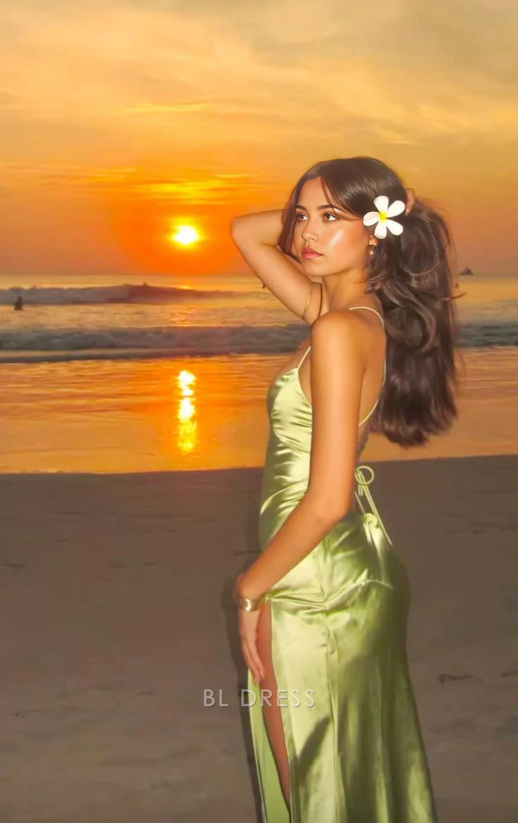 Sheath Simple V-Neck Spaghetti Straps Green Slit Satin Long formal dresses Bridesmaid Dresses evening gown Prom Dress