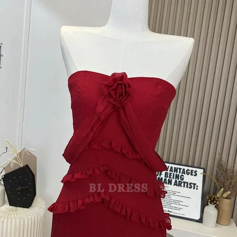 Sheath Strapless Chiffon High Low Burgundy Long formal dresses Bridesmaid Dresses evening gown Prom Dress