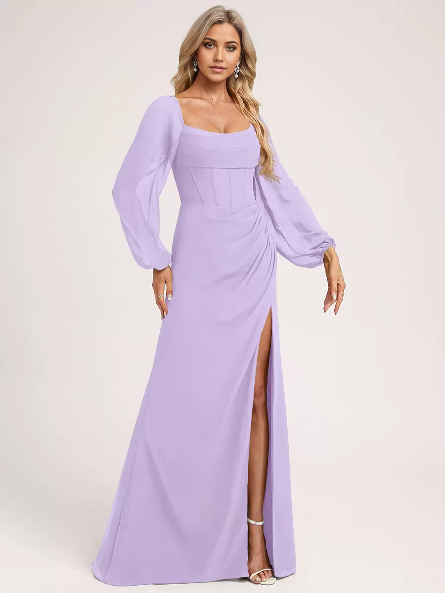 A-line Long Sleeve Chiffon Ball Gown Floor-Length formal dresses evening gown Prom Dress