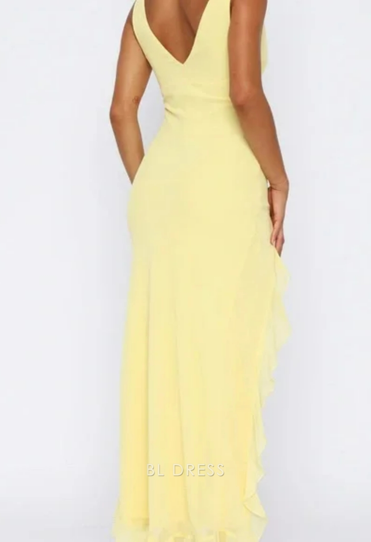 Sheath V-Neck Ruffle Chiffon Yellow formal dresses Bridesmaid Dresses evening gown Prom Dress With Slit
