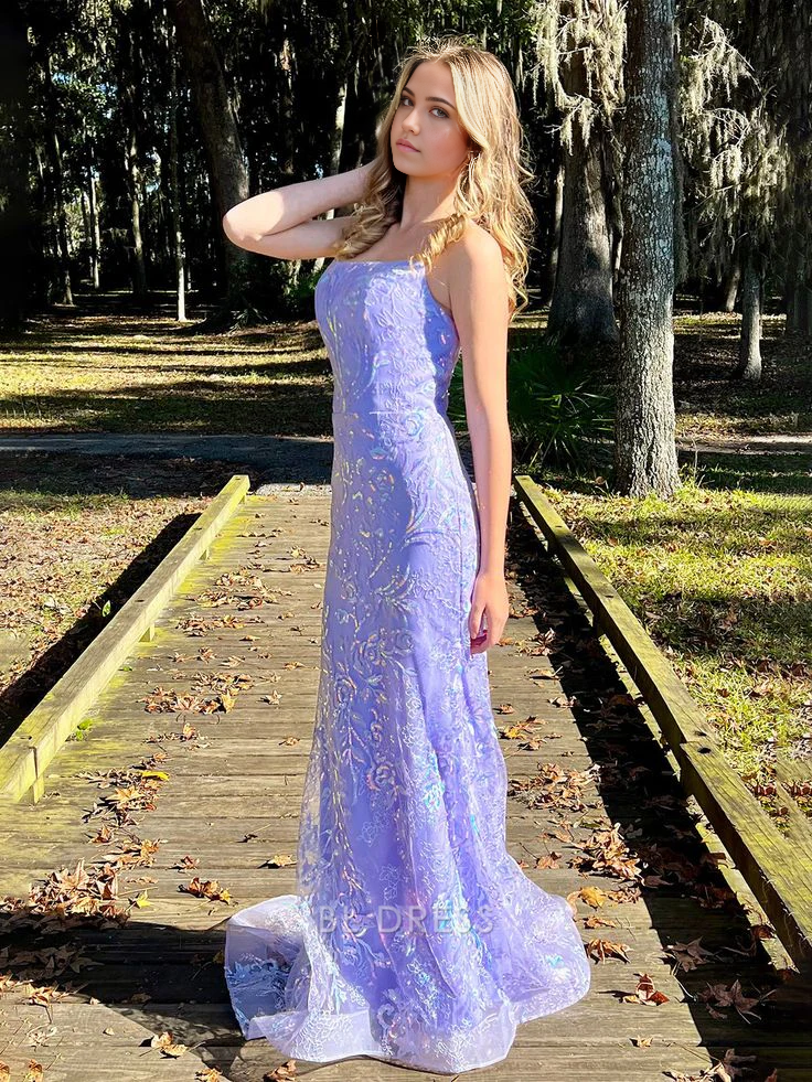 Mermaid Spagehtti Straps Lilac Lace Sequin Long formal dresses Bridesmaid Dresses evening gown Prom Dress