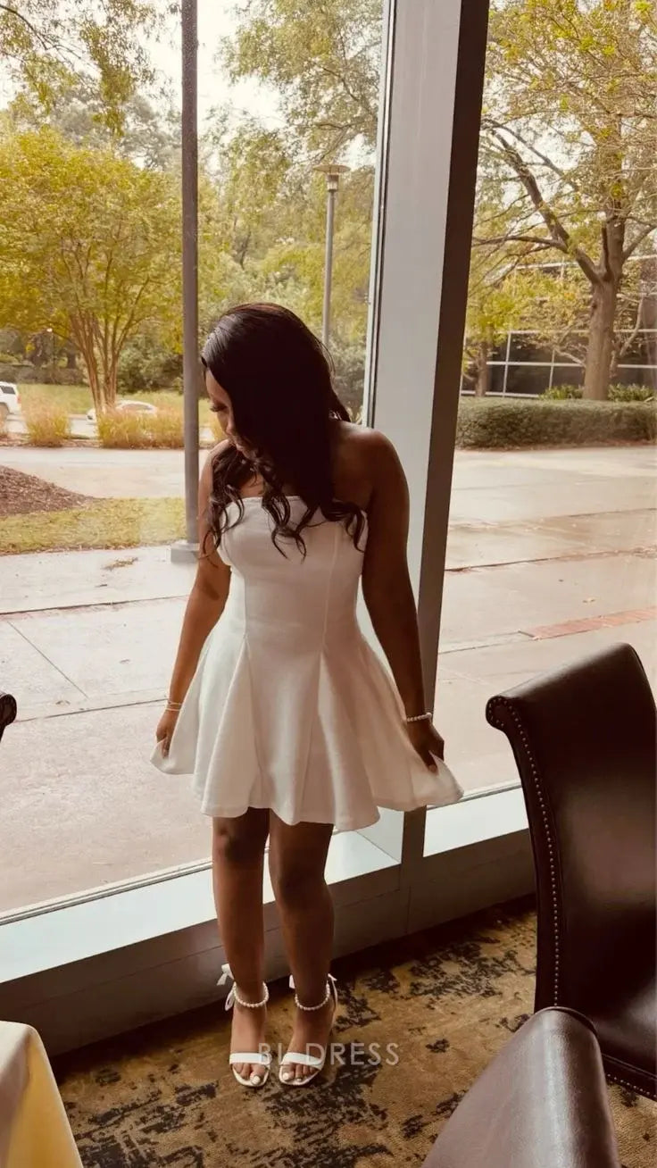 A Line Strapless White Short formal dresses Bridesmaid Dresses evening gown Prom Dress