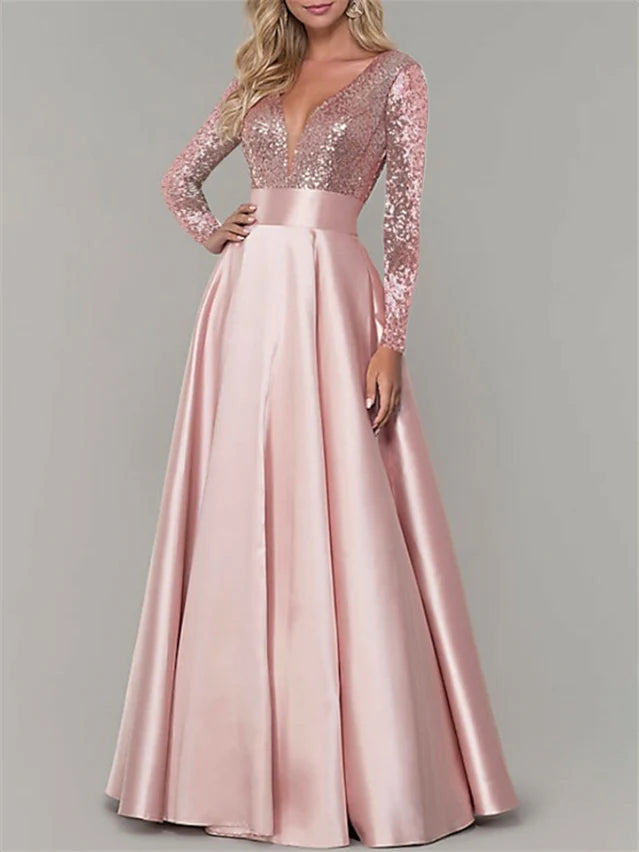 A-Line V Neck Long Sleeves Floor Length Evening Dresses