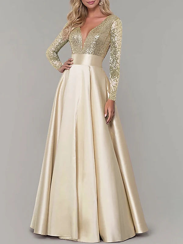 A-Line V Neck Long Sleeves Floor Length Evening Dresses