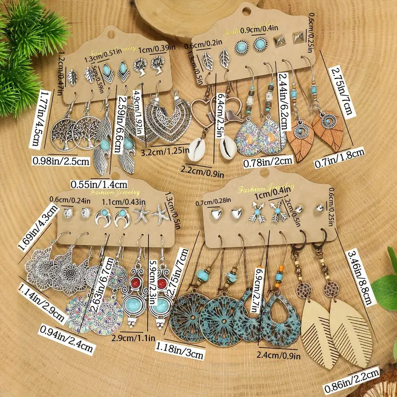 24-Pair Bohemian Earring Set - Turquoise Inlaid Studs & Dangles - Fashion-Forward Design