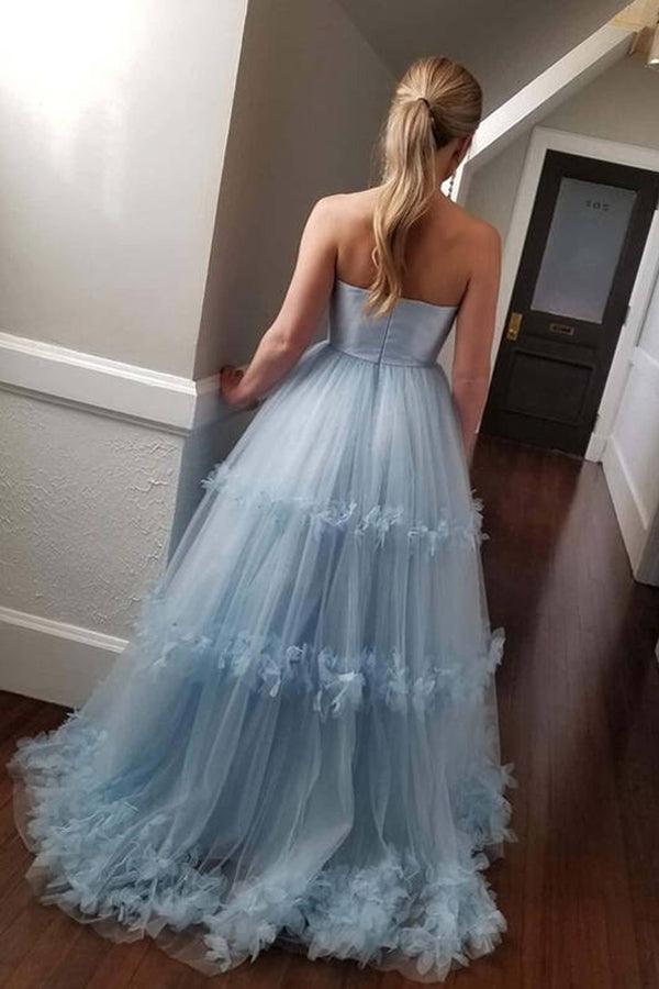 Strapless A-line Light Blue Ball Gown Prom Dress Evening Dress