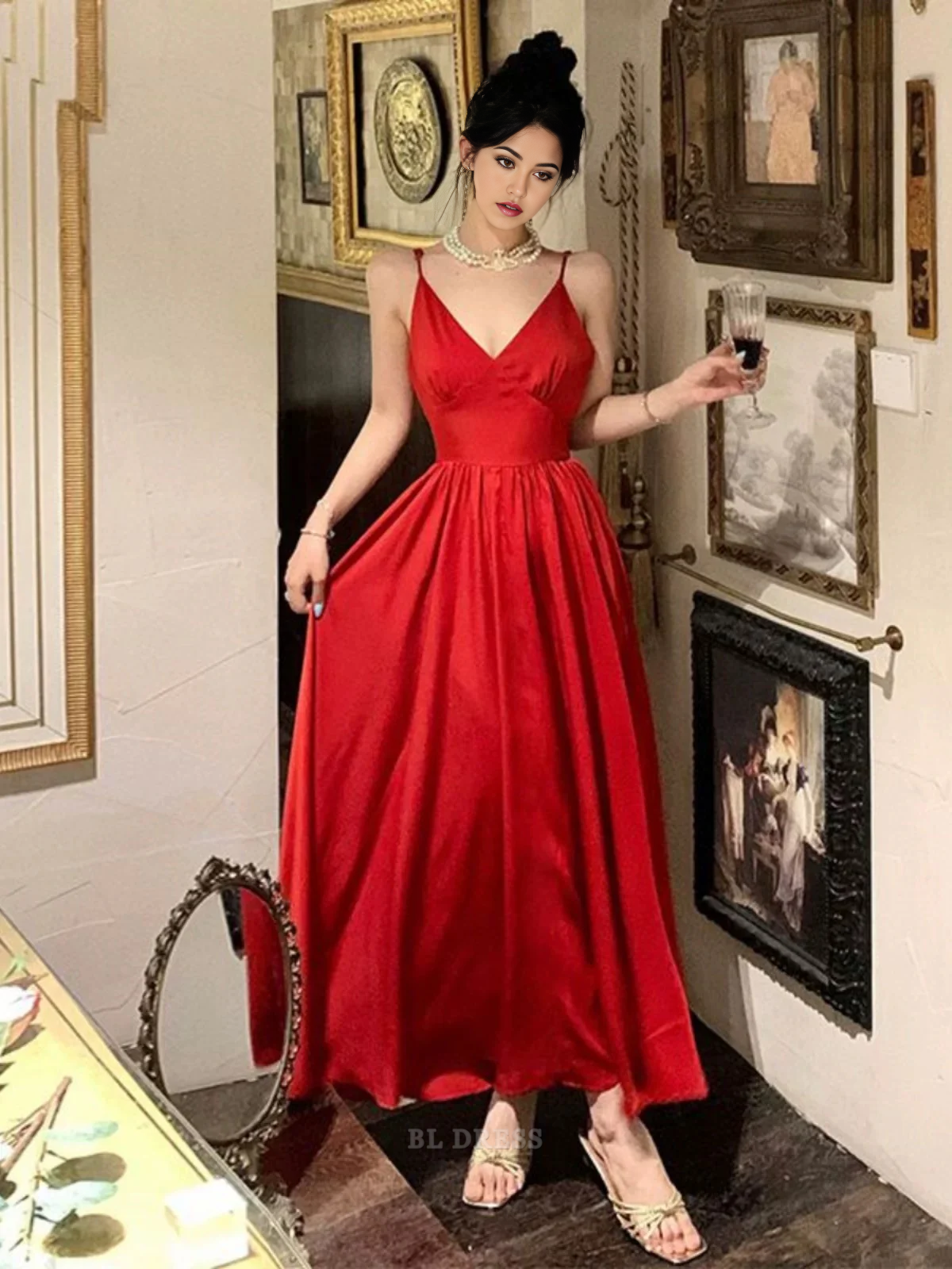 A Line Spaghetti Straps Red Ankle Length formal dresses Bridesmaid Dresses evening gown Prom Dress