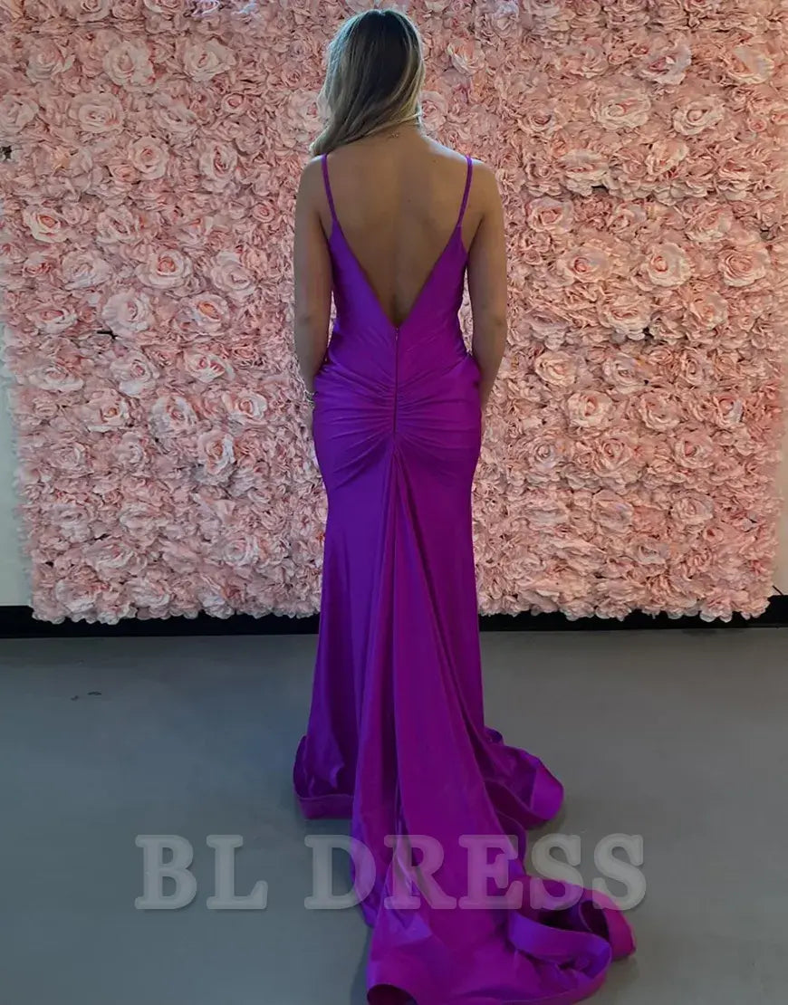 Mermaid Spaghetti Straps Satin Long Hot Pink formal dresses Bridesmaid Dresses evening gown Prom Dress with Sweeping Train