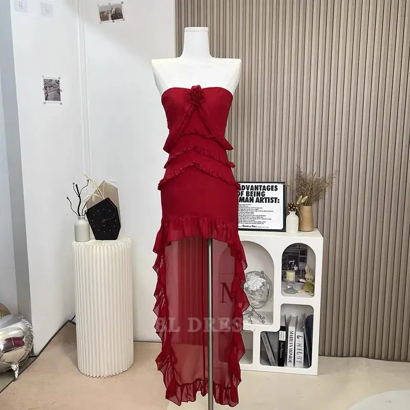Sheath Strapless Chiffon High Low Burgundy Long formal dresses Bridesmaid Dresses evening gown Prom Dress