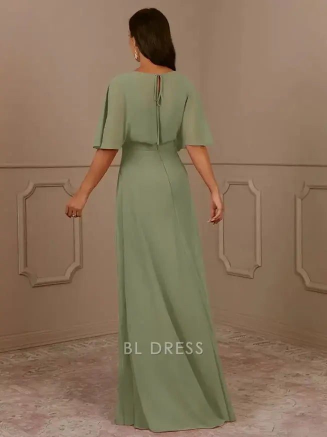 A-Line V-Neck Short Sleeves Chiffon Pleated Wedding Guest Dresses Mother of the Bride Dresse