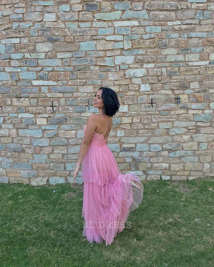 A-line Deep V Neck Tulle Pink formal dresses Bridesmaid Dresses evening gown Prom Dress