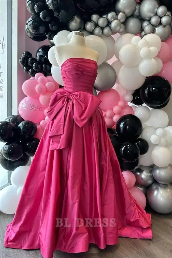 A-line Strapless Satin Tiered Hot Pink Long formal dresses Bridesmaid Dresses evening gown Prom Dress