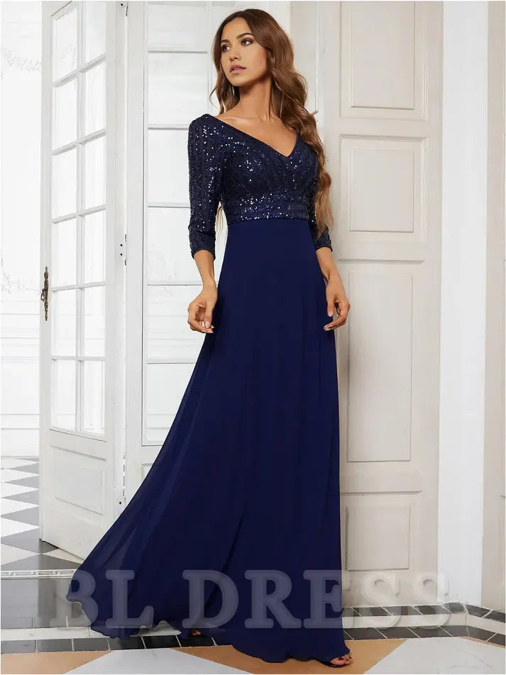 Elegant A-line V-Neck Long Sleeve Sequin Maxi Chiffon formal dresses evening gown Prom Dress