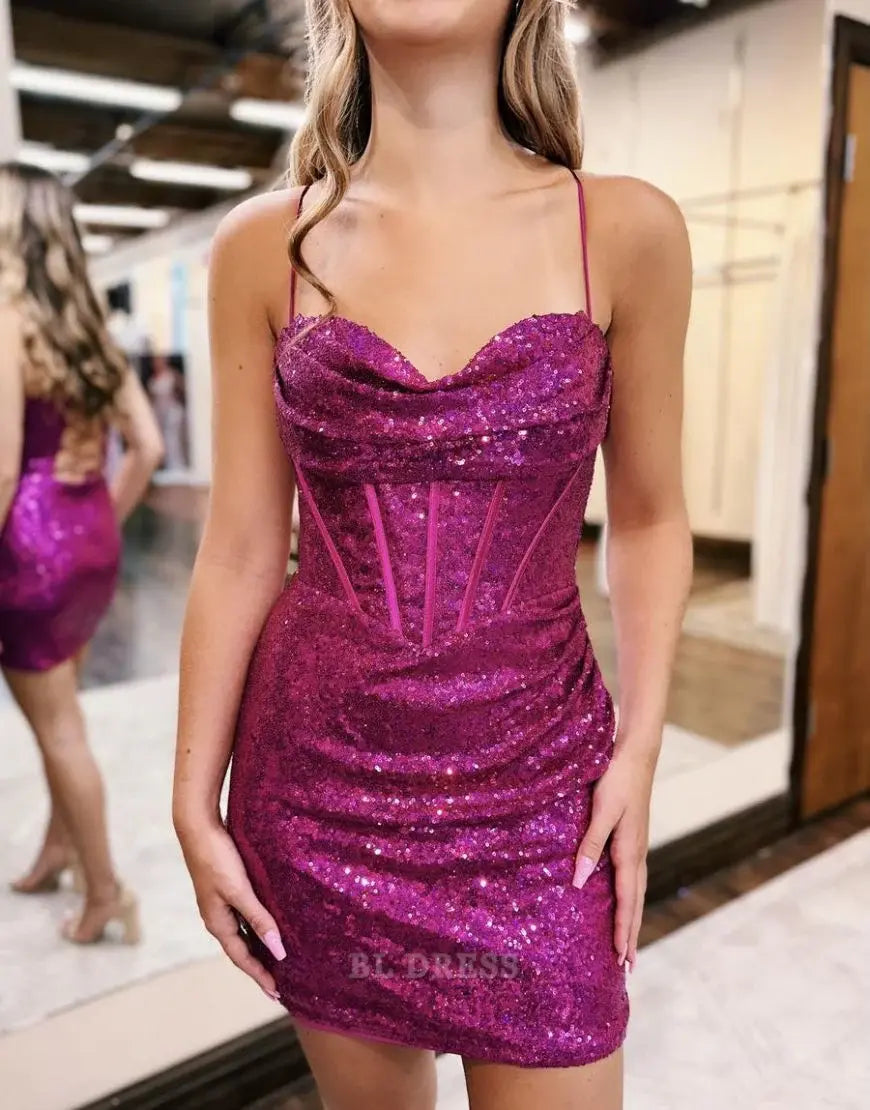 Glitzernde Spaghettiträger, kurz, eng, pink, formelle Kleider, Brautjungfernkleider, Abendkleid, Ballkleid, Heimkehrkleid