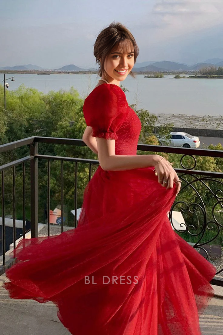 A Line Sweetheart Pretty Red Tulle formal dresses Bridesmaid Dresses evening gown Prom Dress