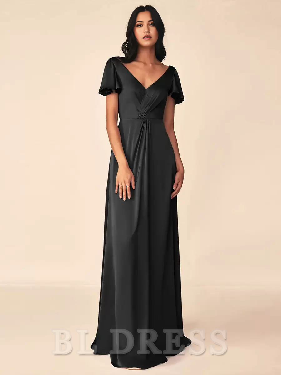 A-line V-Neck Floor-Length Zipper Satin Formal Gowns formal dresses Bridesmaid Dresses evening gown Prom Dress