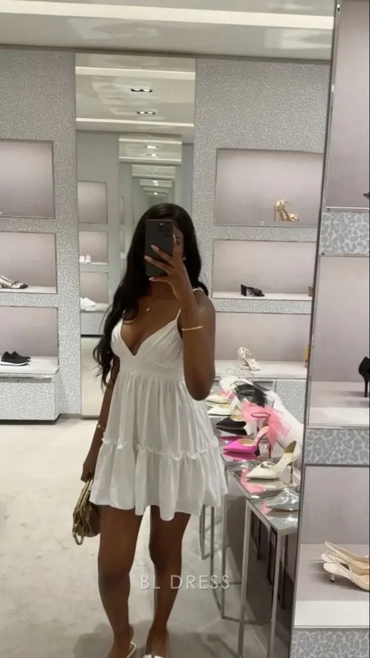 A-Linie V-Ausschnitt Süßes weißes Heimkehrkleid Abendkleider Brautjungfernkleider Abendkleid Ballkleid