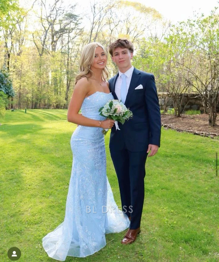 Mermaid Strapless Lace Sky Blue Long formal dresses Bridesmaid Dresses evening gown Prom Dress