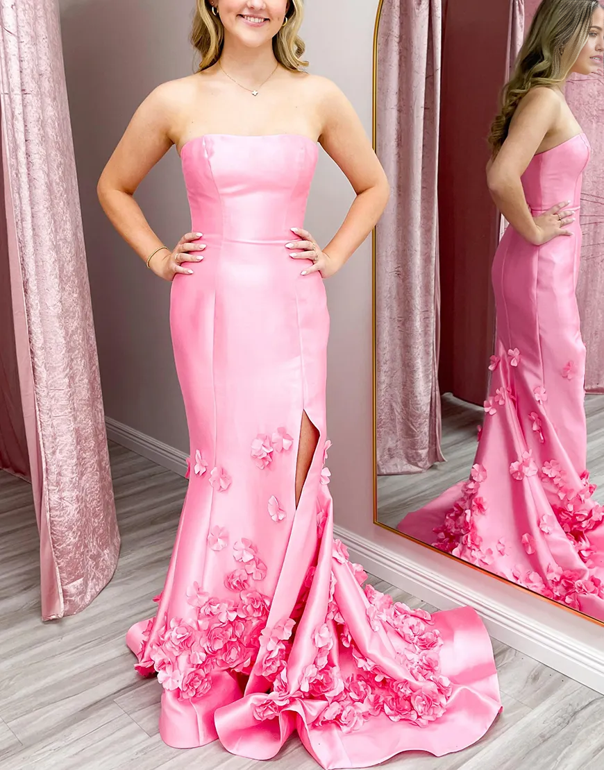 Mermaid Strapless Flowers Pink Long formal dresses evening gown Prom Dress with Slit