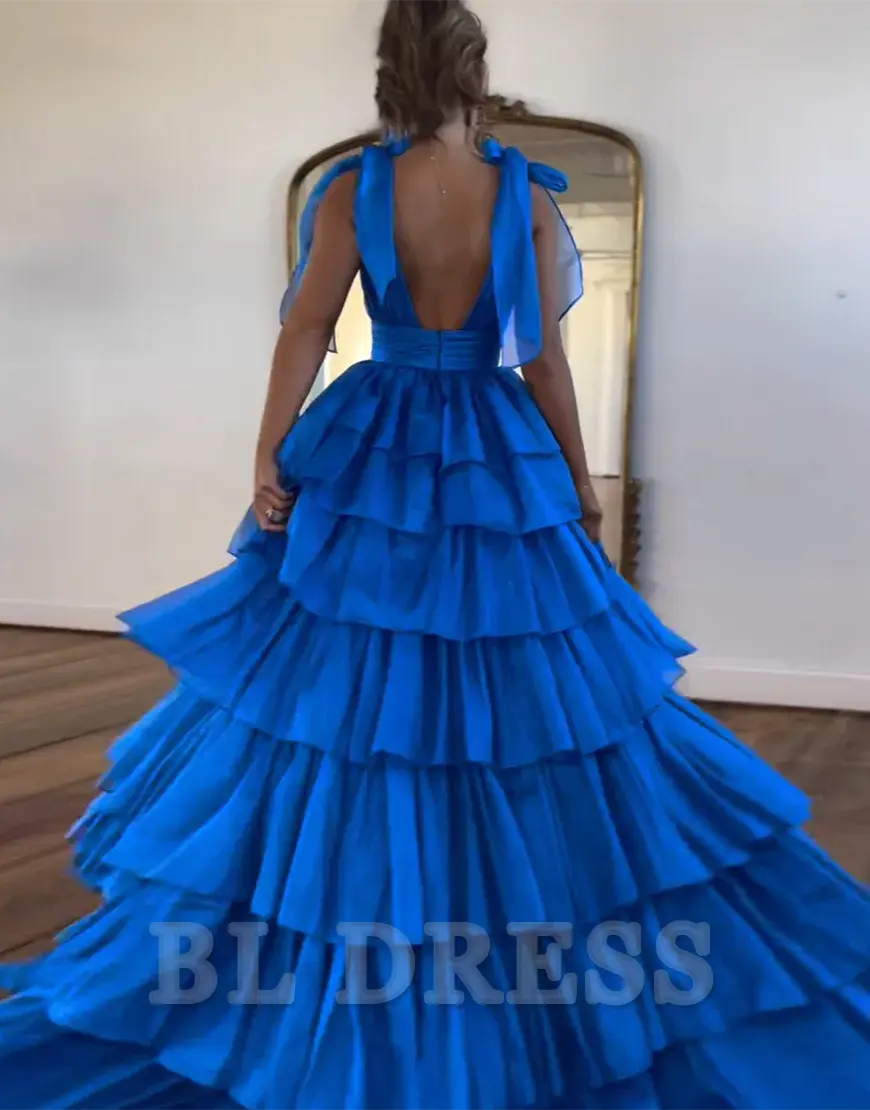 A-Line Deep V-Neck Long Tiered formal dresses evening gown Prom Dress With Split
