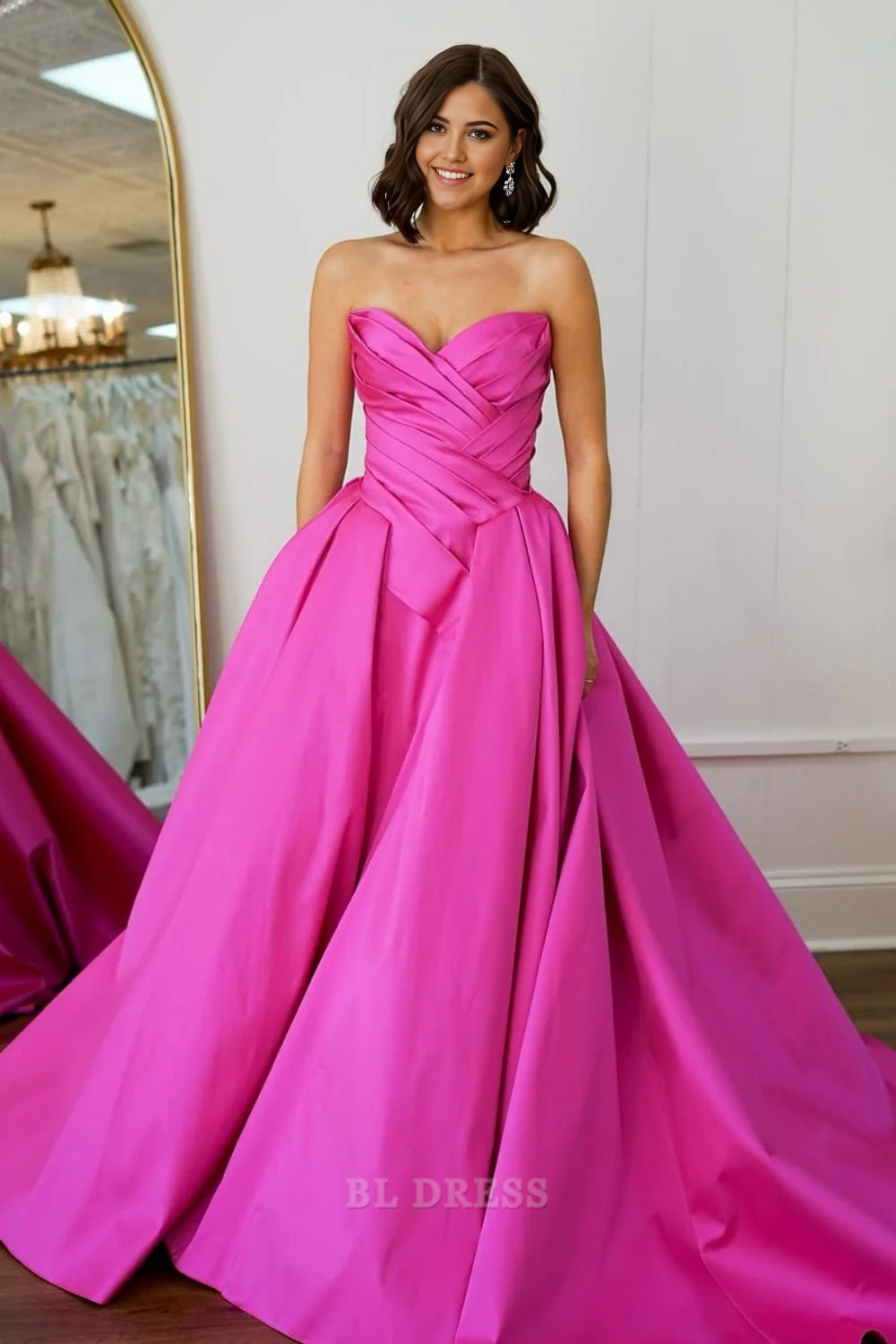 A-Line Strapless Elegant Pink Long Court Train Satin formal dresses Bridesmaid Dresses evening gown Prom Dress