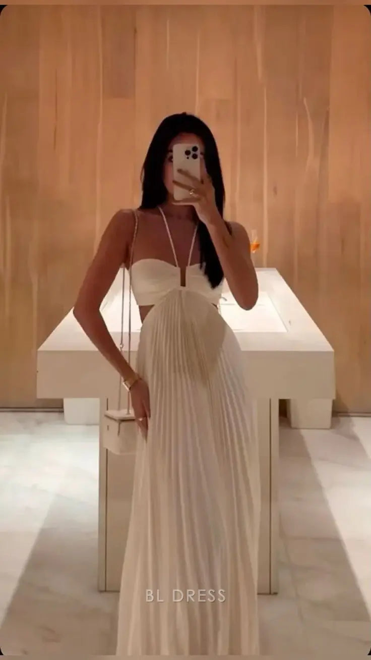 A-line Halter Sexy White Pleated Long formal dresses Bridesmaid Dresses evening gown Prom Dress