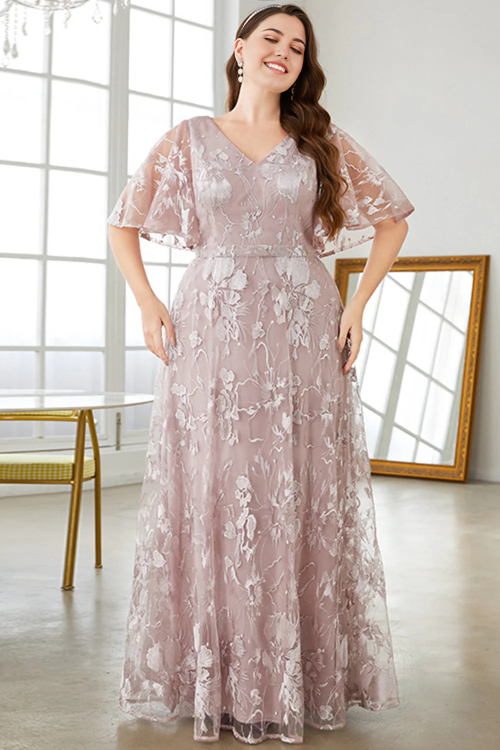 Plus Size A-Line V-Neck Embroidered Prom Dress