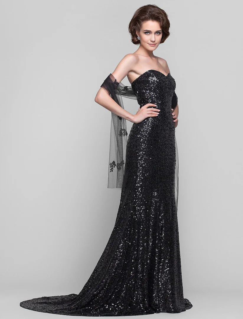 Sheath / Column Mother of the Bride Dress Wrap Included Sweetheart Neckline Strapless Sweep / Brush Train Sequined Sleeveless with Sequin