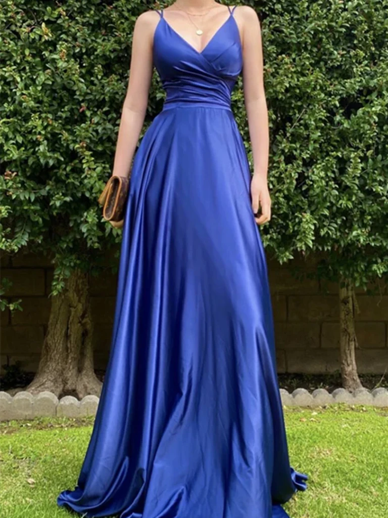 A-line V Neck Backless Satin Long Prom Dresses Formal Evening Party Dresses