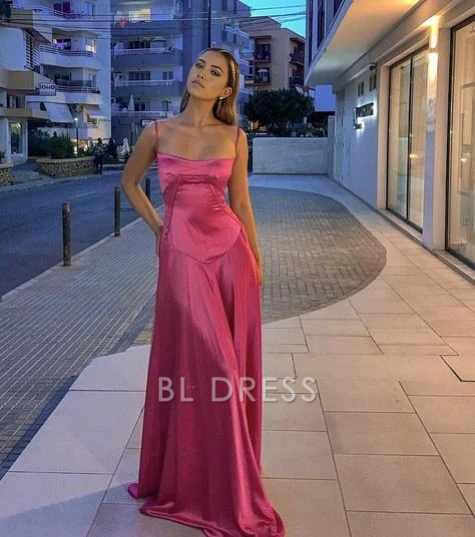 A Line Spaghetti Straps Pink Satin Long formal dresses Bridesmaid Dresses evening gown Prom Dress
