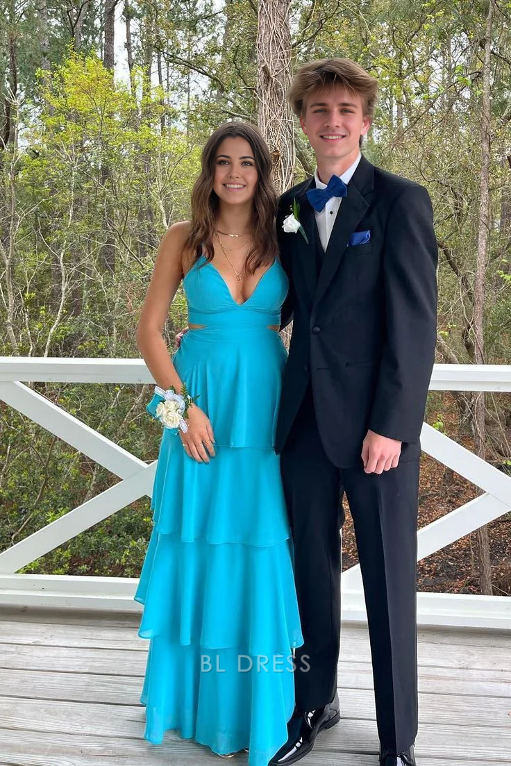 A Line V-Neck Tiered Long formal dresses Bridesmaid Dresses evening gown Prom Dress