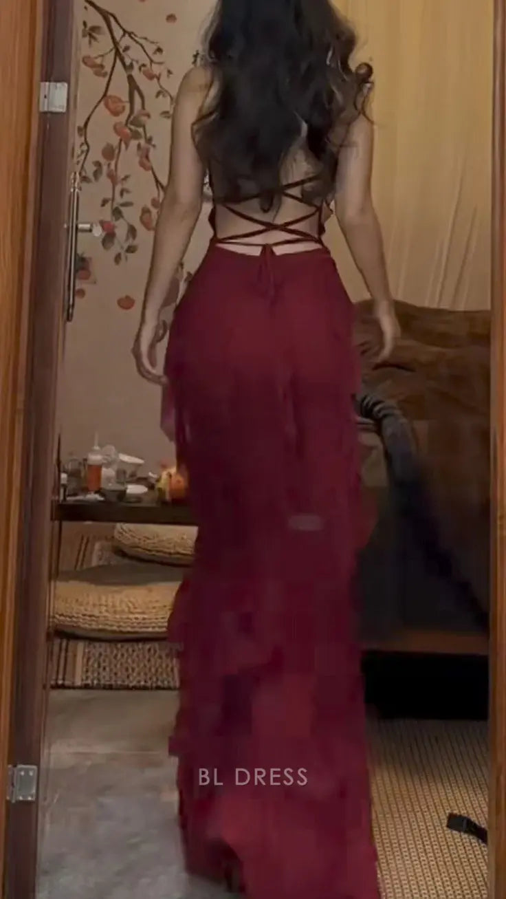 Sheath Ruffle Lace Up Back Burgundy formal dresses Bridesmaid Dresses evening gown Prom Dress