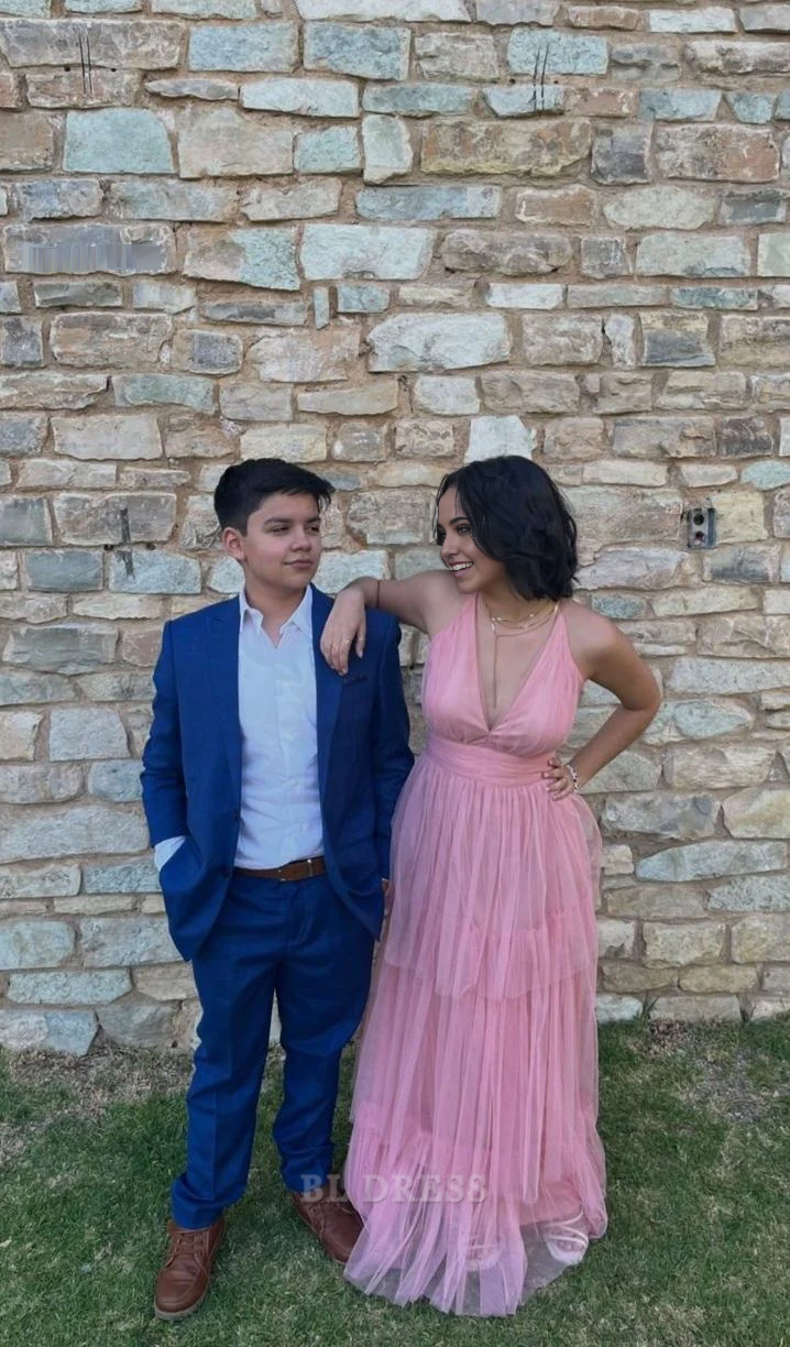 A-line Deep V Neck Tulle Pink formal dresses Bridesmaid Dresses evening gown Prom Dress