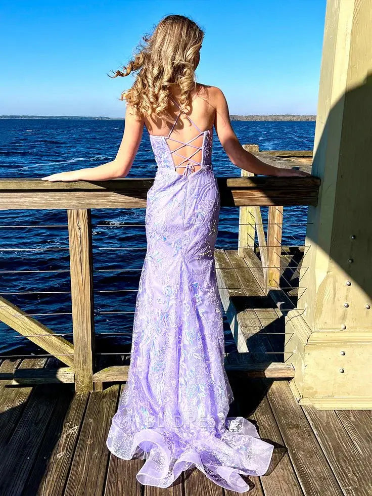 Mermaid Spagehtti Straps Lilac Lace Sequin Long formal dresses Bridesmaid Dresses evening gown Prom Dress