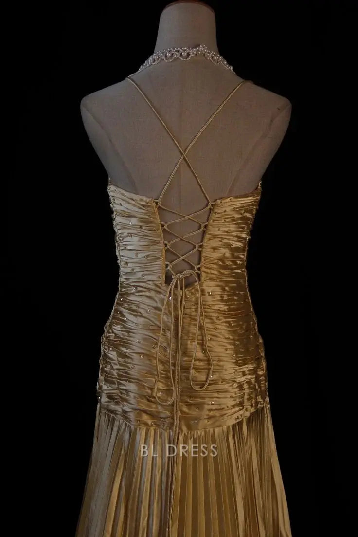 A Line V Neck Spaghetti Straps Satin Gold Pleated Long Evening formal dresses Bridesmaid Dresses evening gown Prom Dress