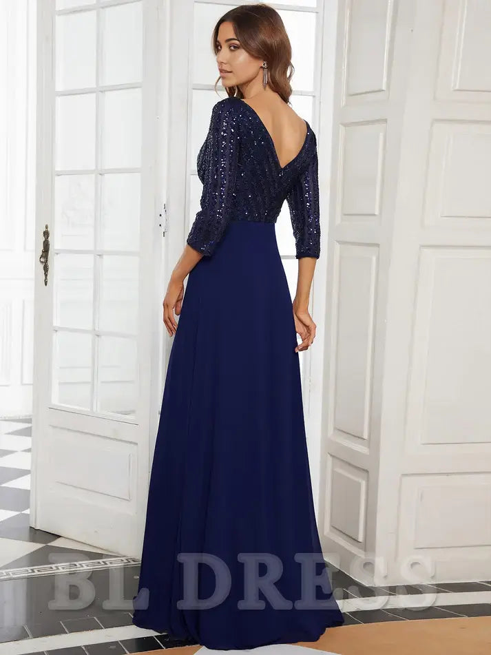 Elegant A-line V-Neck Long Sleeve Sequin Maxi Chiffon formal dresses evening gown Prom Dress