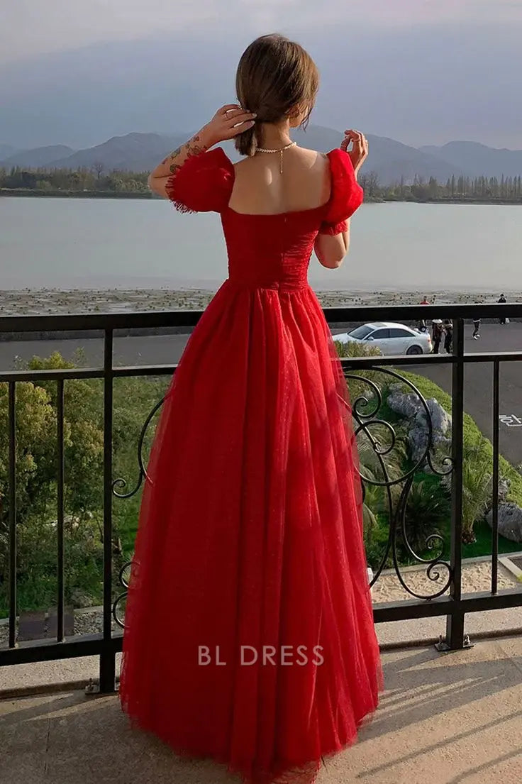 A Line Sweetheart Pretty Red Tulle formal dresses Bridesmaid Dresses evening gown Prom Dress
