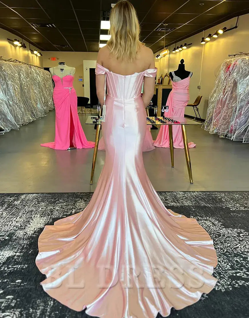 Mermaid Off the Shoulder Corset Satin Light Pink Long formal dresses B – BL Dress