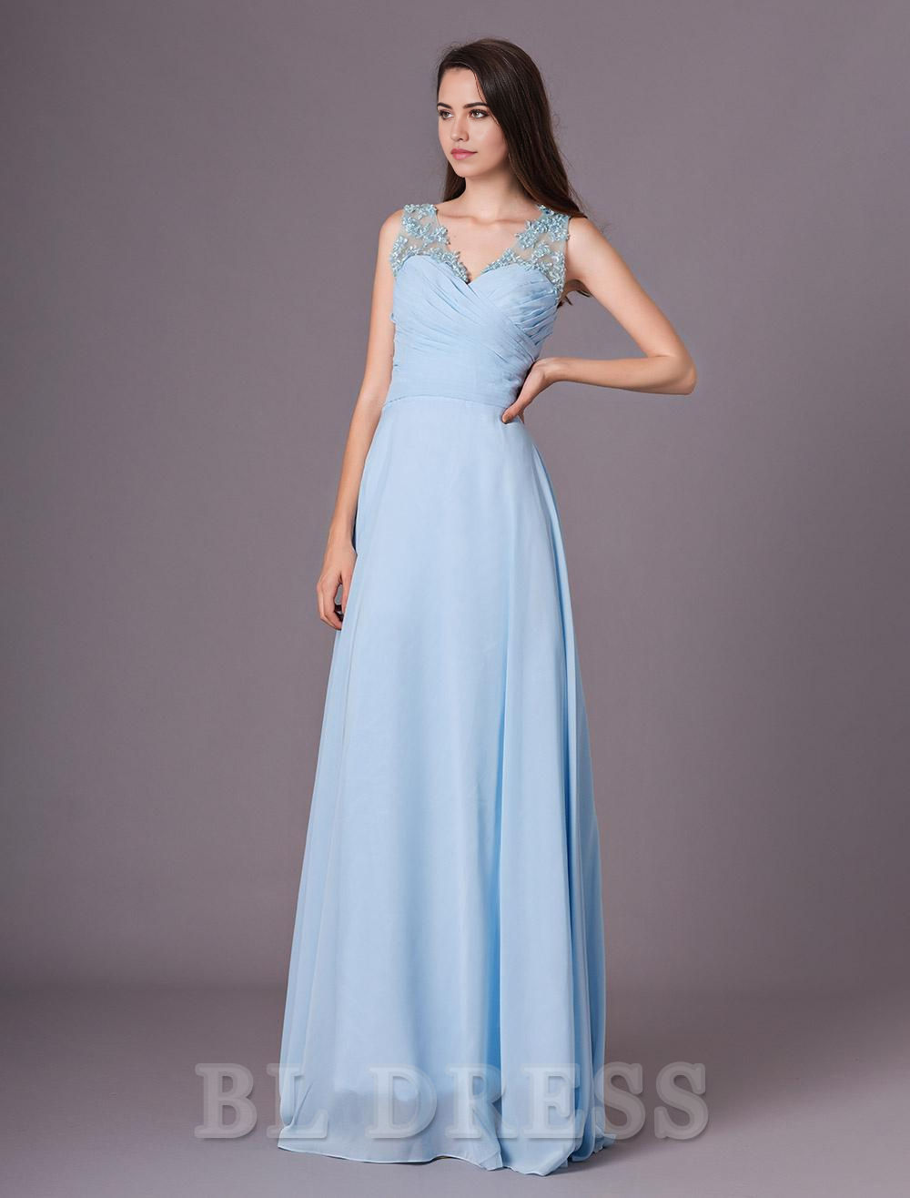 A-line V-Neck One Shoulder Floor-Length Chiffon formal dresses Bridesmaid Dresses evening gown Prom Dress With Flower