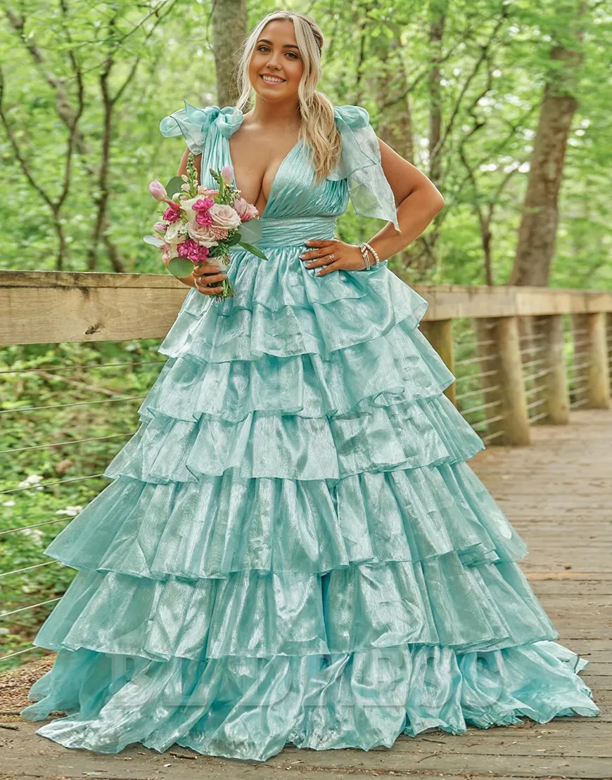 A-Line Deep V-Neck Long Tiered formal dresses evening gown Prom Dress With Split