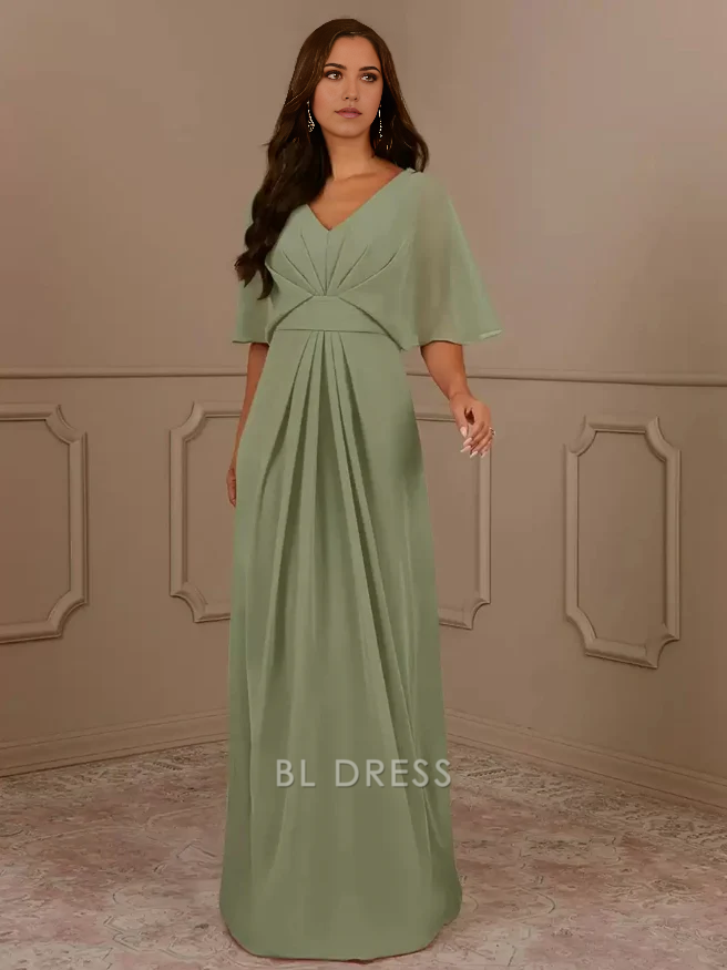 A-Line V-Neck Short Sleeves Chiffon Pleated Wedding Guest Dresses Mother of the Bride Dresse