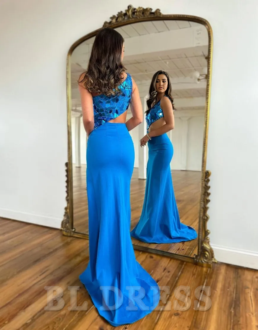 Sheath One Shoulder Satin Long formal dresses evening gown Prom Dress With Split