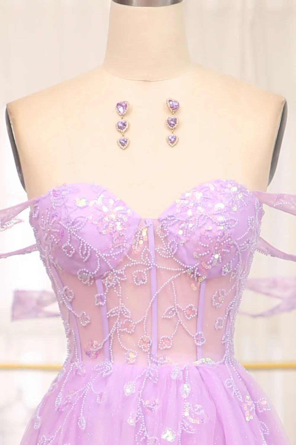 A Line Off the Shoulder Corset Prom Dress with Beading