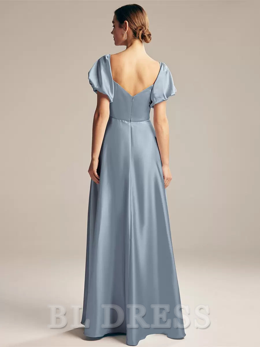 A-Line Short Sleeve Floor-Length Zipper Satin formal dresses evening gown Prom Dress