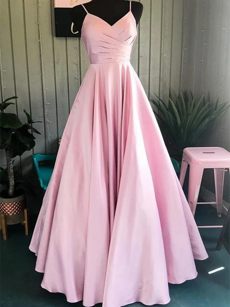 A Line Spaghetti Pleated Straps Satin Long Prom Dresses